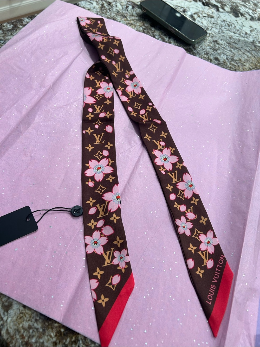 Louis Vuitton Brown Monogram Twilly with Pink Floral and Red Tip